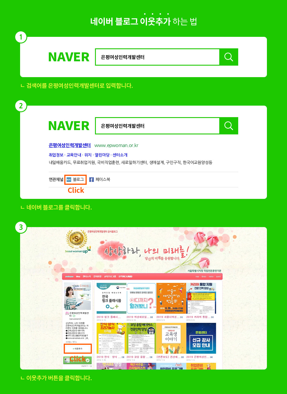 네이버 블로그 이웃추가 하는 법 1. 검색어를 은평여성인력개발센터로 입력합니다. 2. 네이버 블로그를 클릭합니다. 3. 이웃추가 버튼을 클릭합니다.
