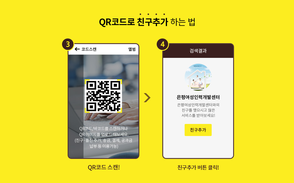 QR코드로 친구추가 하는 법 3. QR코드 스캔 4. 친구추가 버튼 클릭